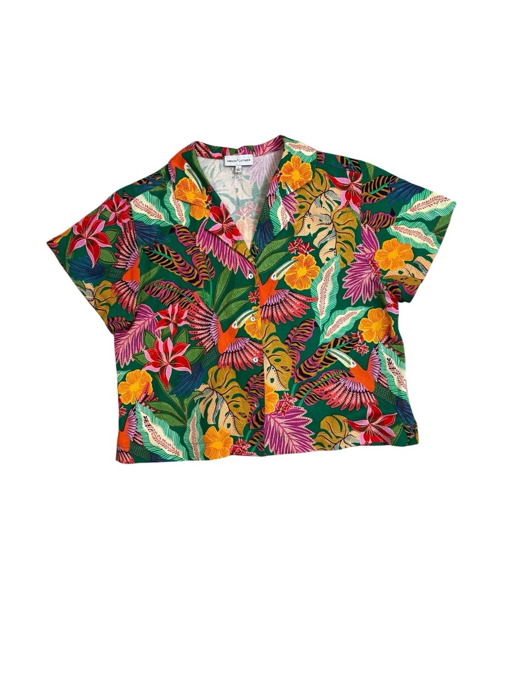 Gibson Latimer Tropical Camp Shirt Size Large Hawaiian Parrot Colorful Top - Picture 3 of 8